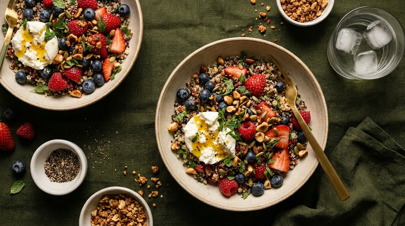 Zwei Frühstücksschalen mit Granola, Nüssen und Samen, frischen Erdbeeren, Himbeeren und Blaubeeren, je mit Joghurt und Honig.
