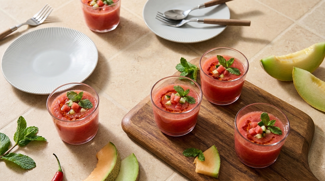 Mehrere Gläser mit rotem Melonen-Smoothie, garniert mit Minze und gewürfelten Früchten, auf einem Holzbrett und Tisch neben frischen Melonenscheiben.
