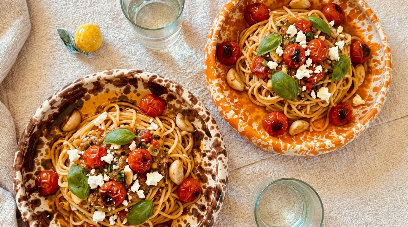 Zwei Schalen Spaghetti mit gerösteten Kirschtomaten, frischen Basilikumblättern und zerbröckeltem Schafskäse, serviert in gemusterten Tellern.