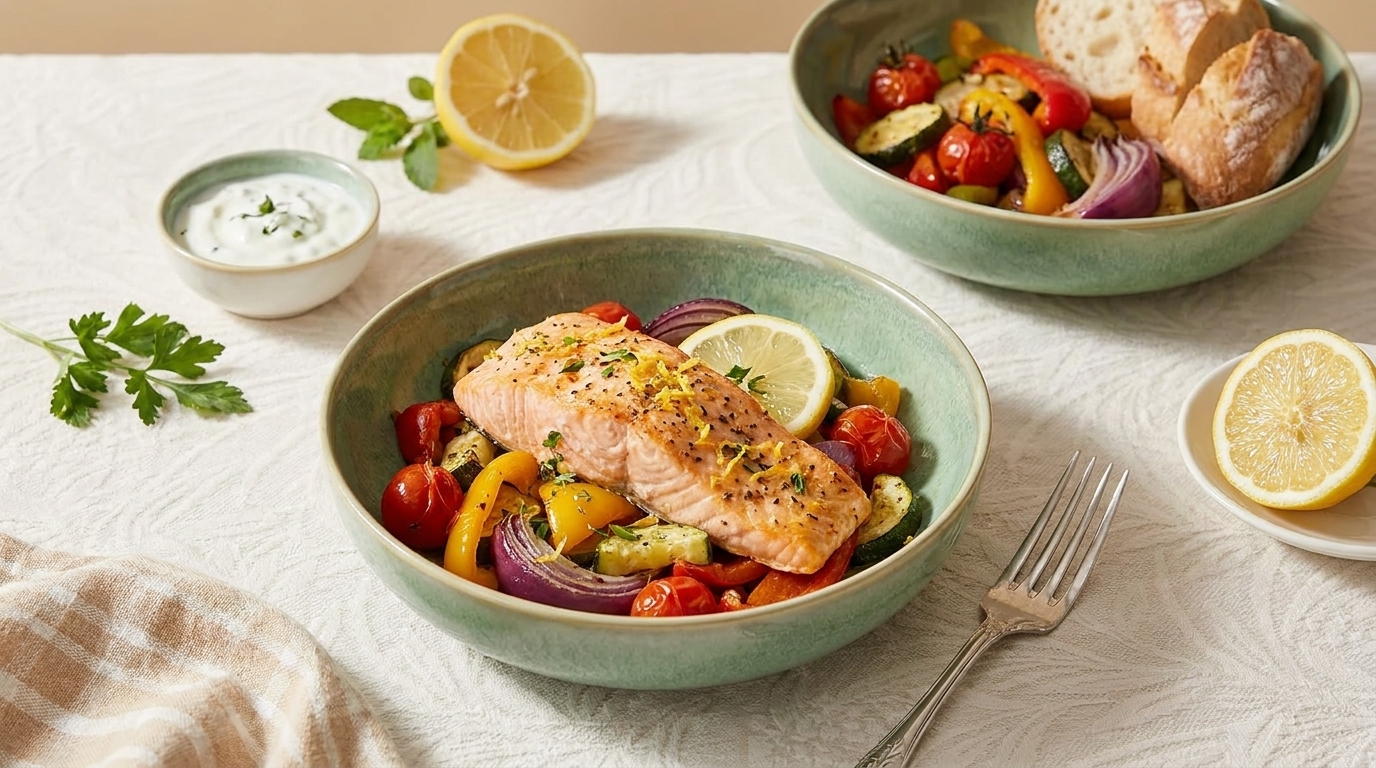 Gebratenes Lachsfilet auf bunter Gemüsepfanne (Kirschtomaten, Paprika, rote Zwiebel) in grüner Schüssel, garniert mit Zitronenscheiben und Kräutern; daneben Joghurtdip und Brot.