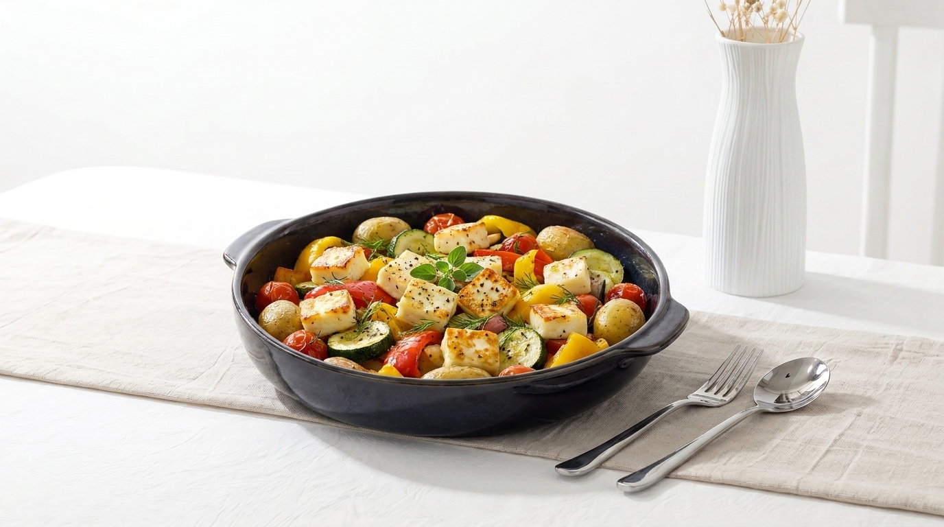 Schwarze Schale mit Ofengemüse: Kartoffelhälften, Zucchini, Kirschtomaten, Paprika und gebratenen Käsewürfeln, mit frischen Kräutern bestreut.