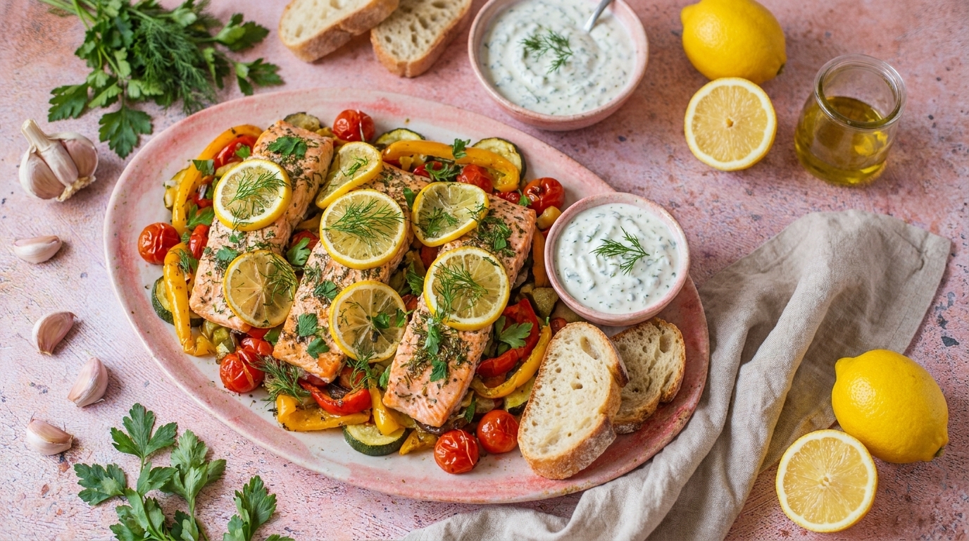Großer Teller mit gebratenen Lachsfilets, belegt mit Zitronenscheiben und Petersilie, auf geröstetem Gemüse (Kirschtomaten, Zucchini, Paprika). Daneben Brotscheiben und Schälchen mit cremigem Joghurtdip, Zitronenhälften und Olivenöl.