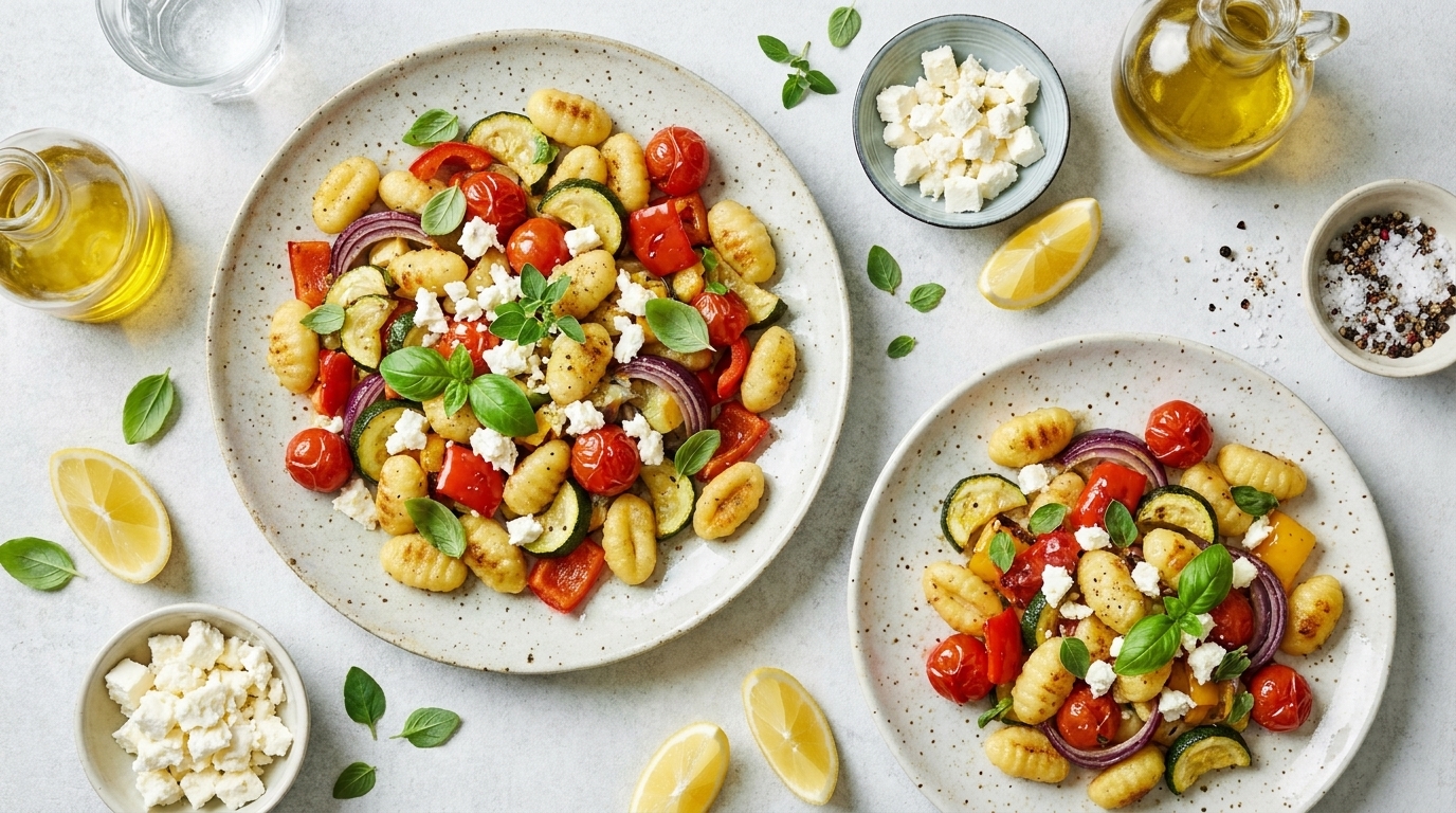 Zwei Teller mit Gnocchi-Salat: gebratene Gnocchi, Kirschtomaten, Zucchinischeiben, rote Zwiebel, Feta und frisches Basilikum, serviert mit Zitronenspalten und Olivenöl.