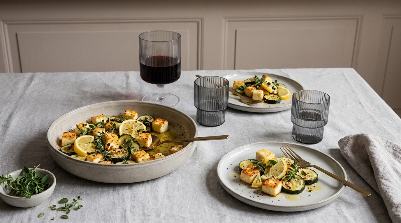Gedeckter Tisch mit großer Servierschale und zwei Tellern, darauf goldbraun gebratene Würfel mit Zitronenscheiben und frischen Kräutern, Besteck und Trinkgläser.