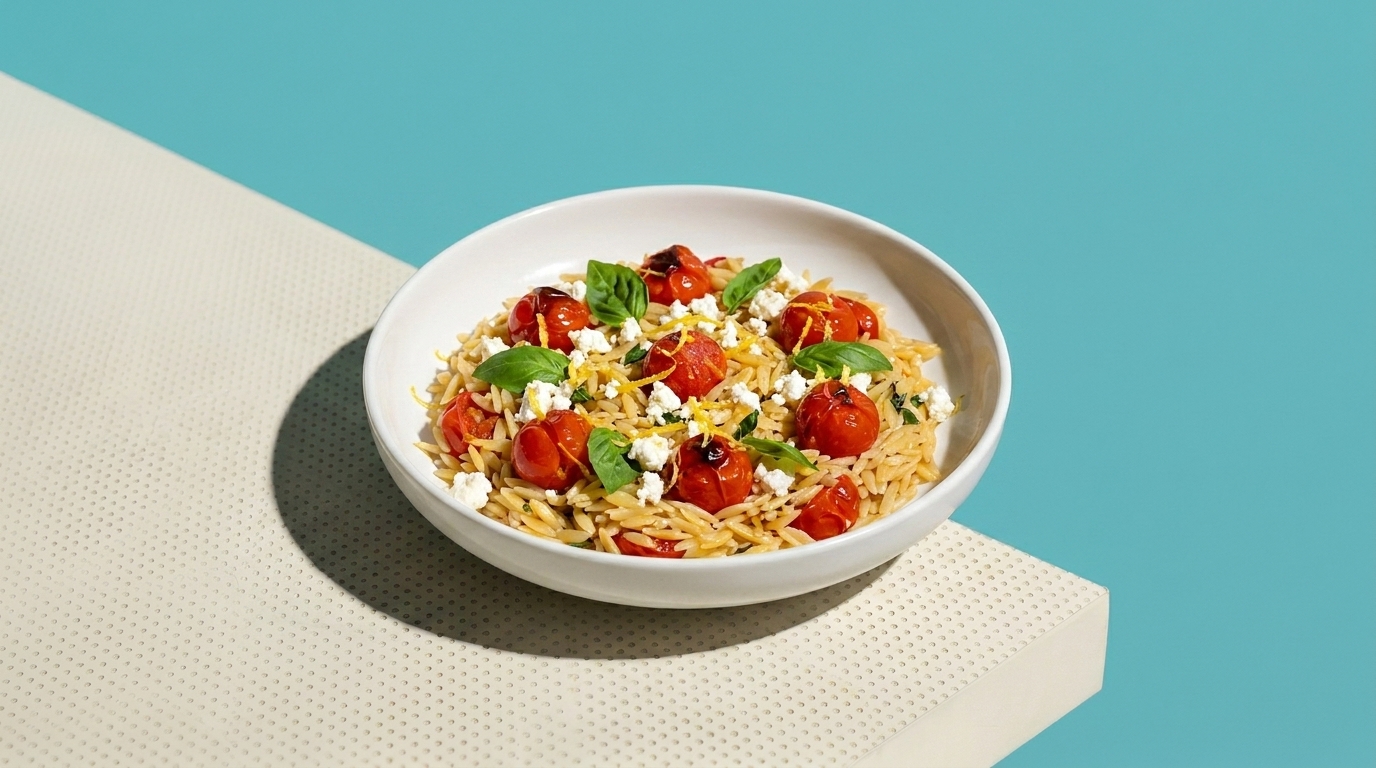 Weiße Schale mit Orzo-Pasta, gerösteten Kirschtomaten, zerbröseltem Feta und frischen Basilikumblättern.