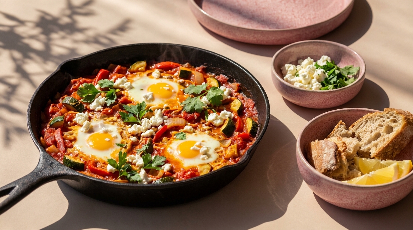 Gusseiserne Pfanne mit Shakshuka: drei in würziger Tomaten‑Paprika‑Soße gebackene Eier, garniert mit Petersilie und zerbröseltem Feta; daneben kleine Schalen mit Brot, Zitronenspalten und zusätzlichem Feta.