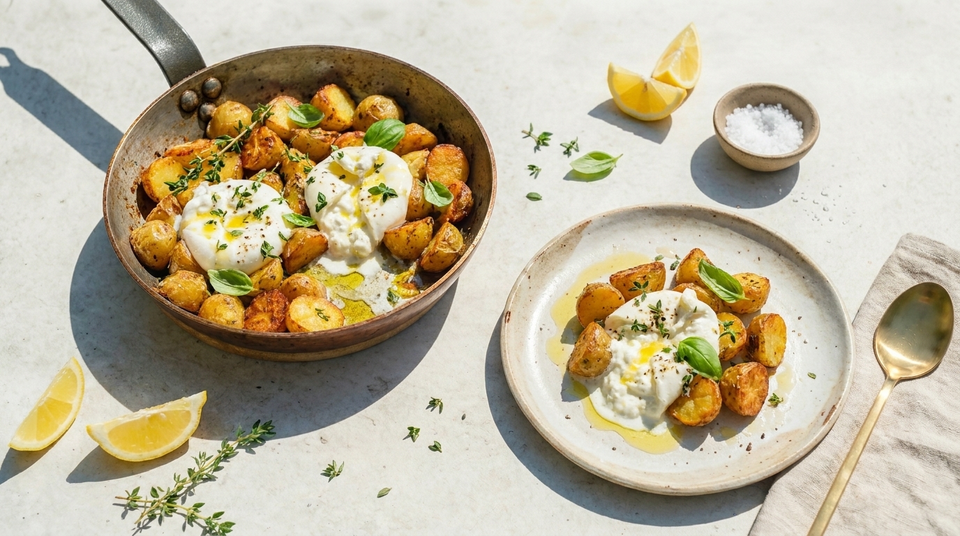 Pfanne und Teller mit gebratenen kleinen Kartoffeln, garniert mit cremiger Burrata, frischen Kräutern und Olivenöl; Zitronenspalten und Schale mit grobem Salz daneben.
