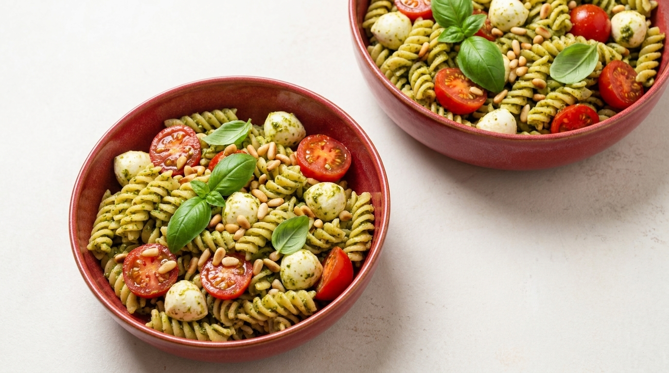 Zwei Schalen mit Nudelsalat aus grünen Pesto-Fusilli, halbierten Cocktailtomaten, kleinen Mozzarellakugeln, frischem Basilikum und Pinienkernen.