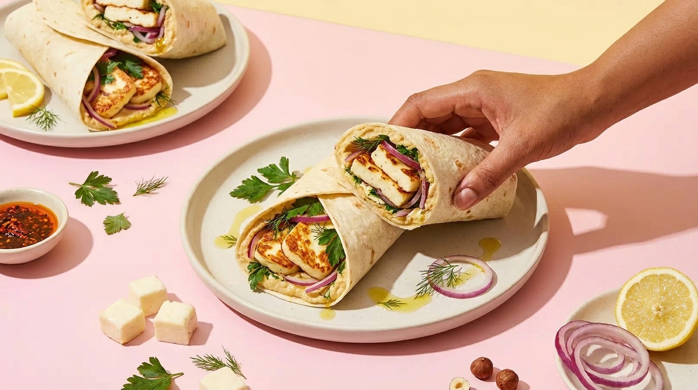 Zwei gefüllte Tortilla‑Wraps mit gegrilltem Halloumi, Salat, roten Zwiebeln und Kräutern auf einem Teller; eine Hand greift einen Wrap.