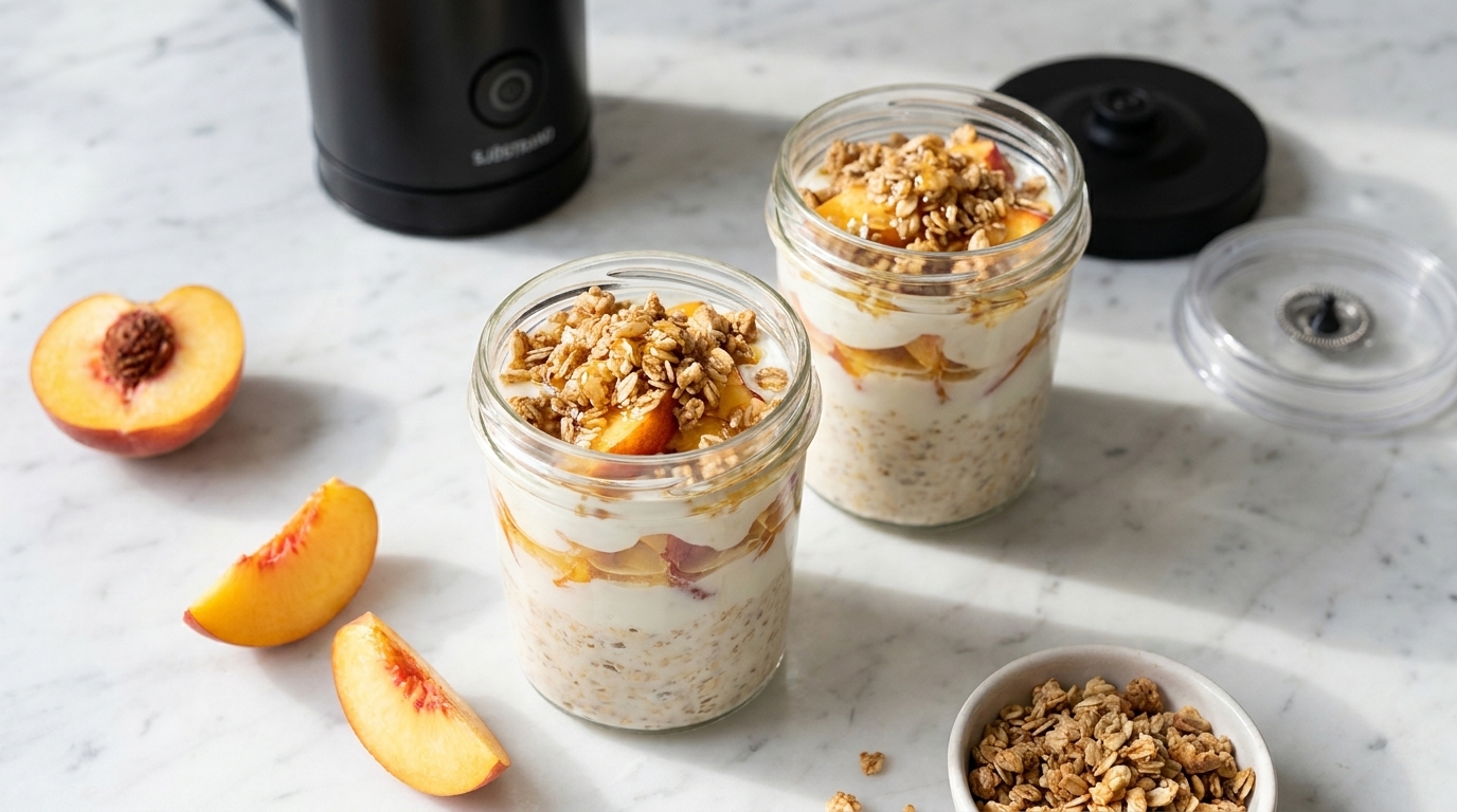Zwei Gläser mit geschichteten Overnight‑Oats, Joghurt, Pfirsichstücken und Granola auf einer Marmorarbeitsfläche; daneben Pfirsichscheiben und eine kleine Schale mit Granola.