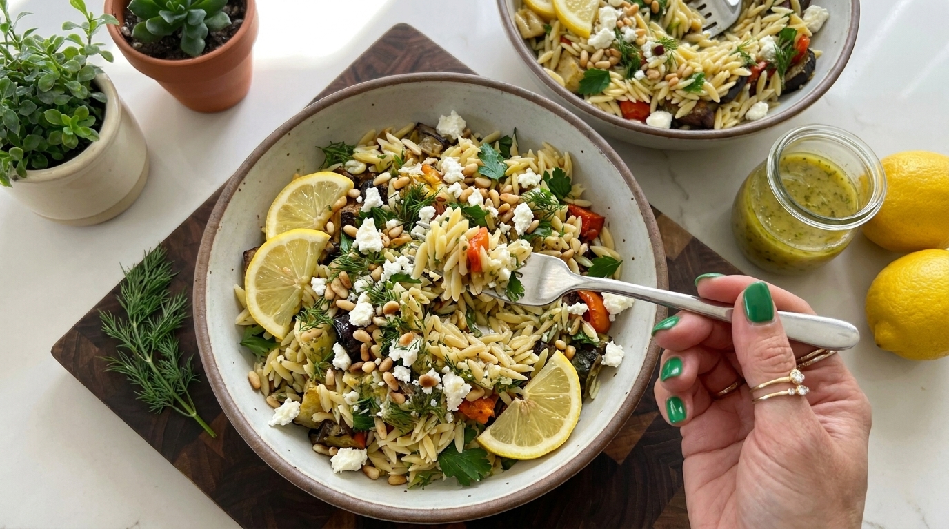 Schüssel mit mediterranem Orzo-Nudelsalat mit Feta, Zitronenscheiben, Kräutern und Pinienkernen; Hand mit Gabel greift in die vordere Schüssel.