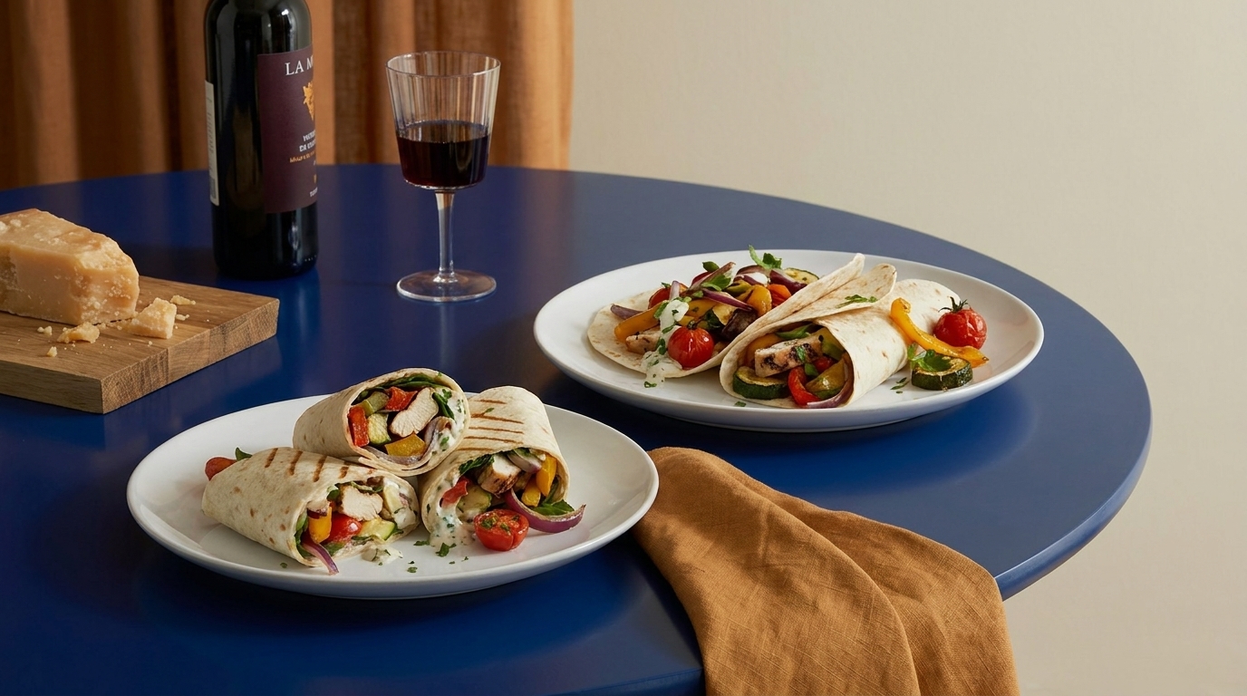 Zwei Teller mit aufgeschnittenen Tortilla‑Wraps, gefüllt mit buntem Gemüse (Paprika, Kirschtomaten) und Kräutern auf blauem Tisch.