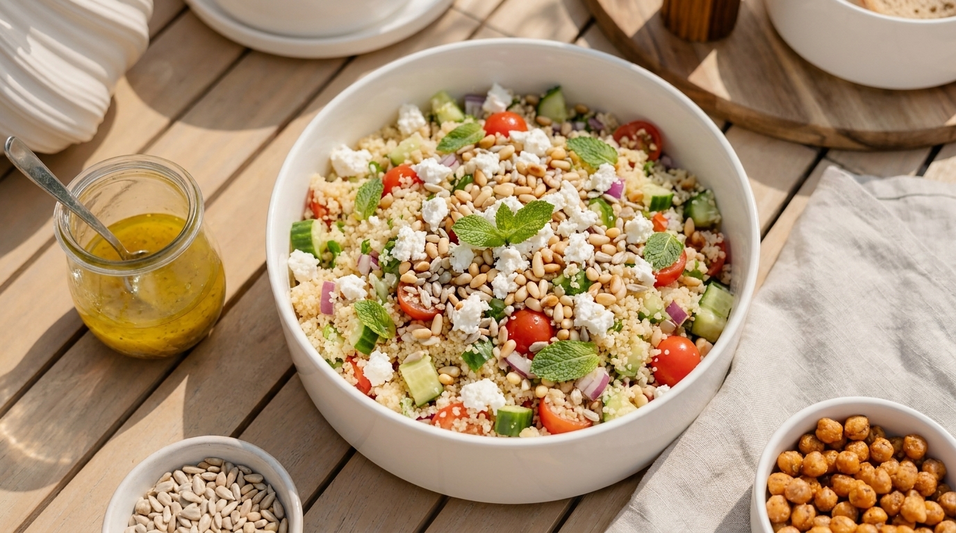 Schüssel mit Couscous-Salat: Couscous mit Kirschtomaten, Gurke, roten Zwiebeln, Feta, Minzblättern und gerösteten Kernen.