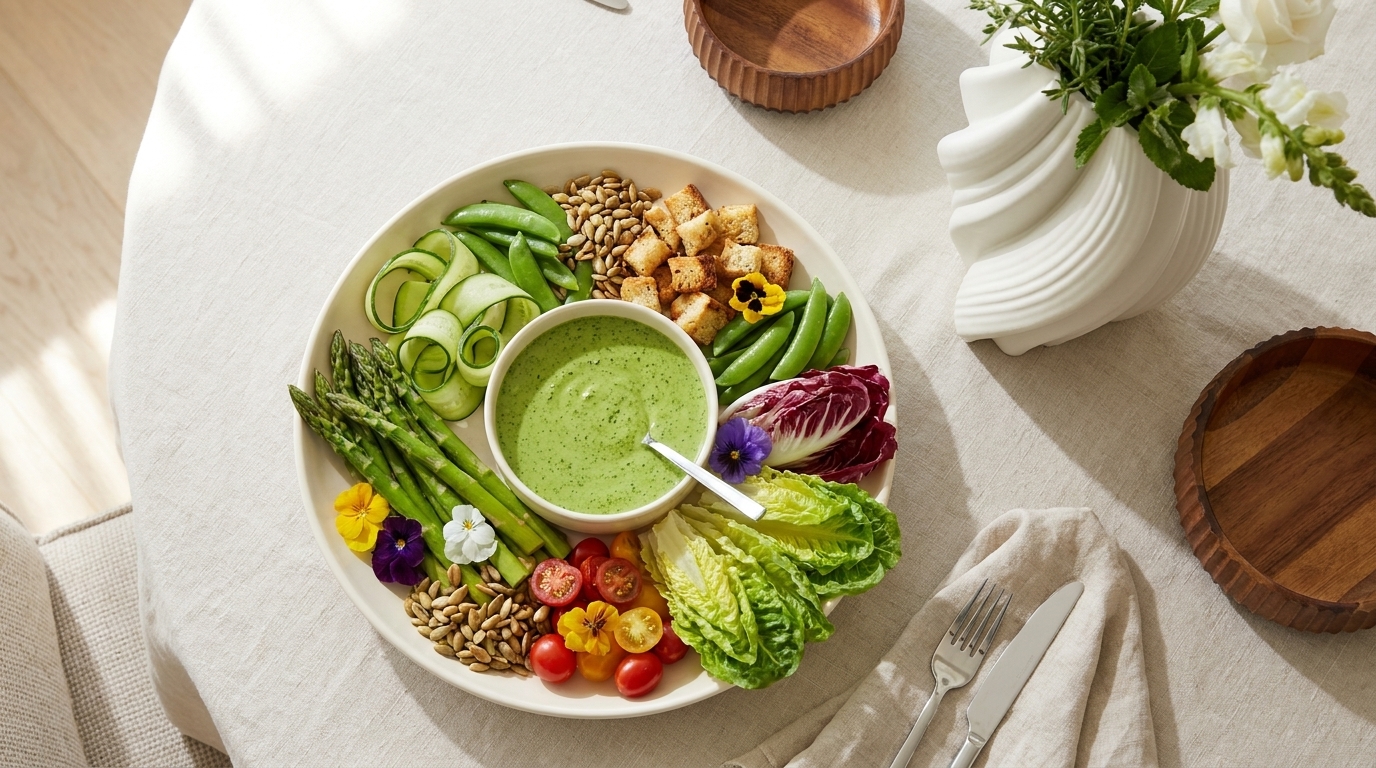 Schale mit grünem Dressing in der Mitte, umgeben von Spargel, Gurkenbändern, Zuckerschoten, Romanasalat, Radicchio, Kirschtomaten, Croutons, Samen und essbaren Blüten.