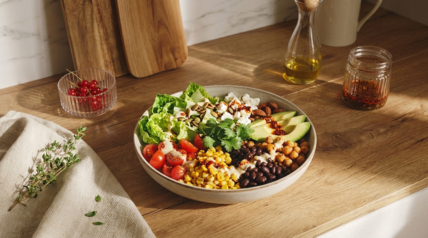Schüssel mit bunter Buddha-Bowl: Salatblätter, Kirschtomaten, Mais, schwarze Bohnen, Kichererbsen, Avocadoscheiben, Feta, Nüssen und Samen, Kräutern und Dressing.