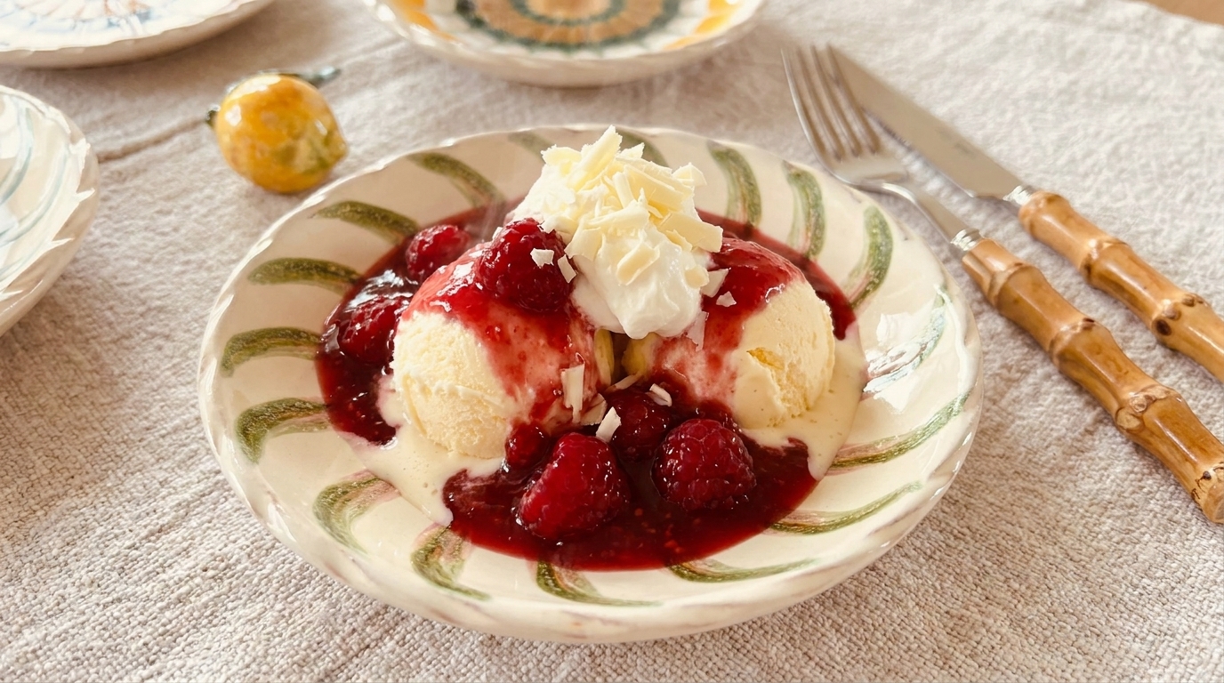 Drei Kugeln Vanilleeis auf einer dekorativen Schale mit warmer Himbeersauce, ganzen Himbeeren, einem Klecks Schlagsahne und weißen Schokoraspeln.