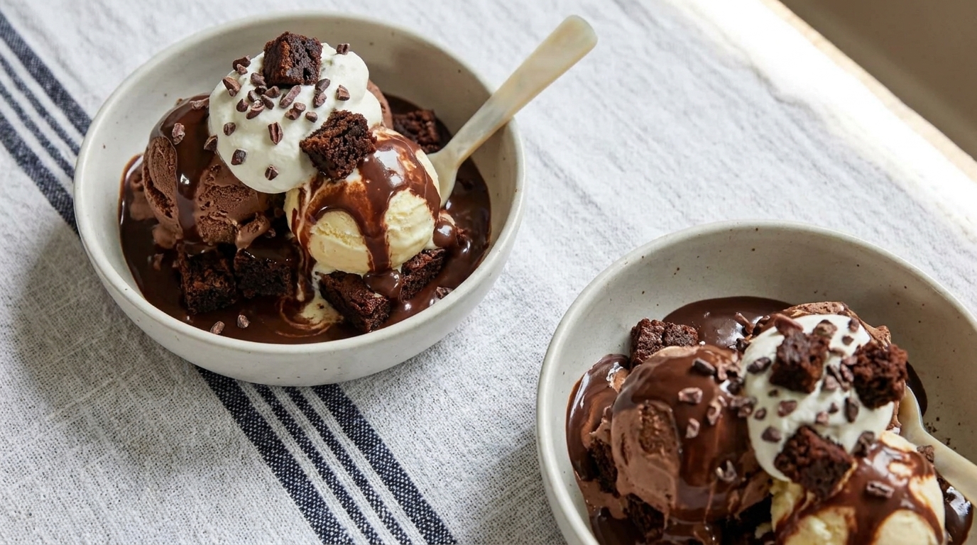 Zwei Schälchen mit Vanille- und Schokoladeneis, übergossen mit warmer Schokoladensoße, garniert mit Sahne, Brownie‑Stückchen und Schokostreuseln; in einer Schale steckt ein Löffel.