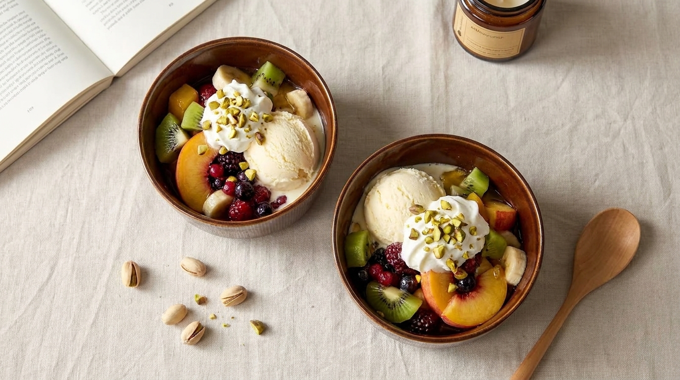 Zwei braune Schalen mit Vanilleeiskugeln, frischen Früchten (Pfirsich, Kiwi, Banane), Beeren, Sahne und gehackten Pistazien, daneben ein Holzlöffel.