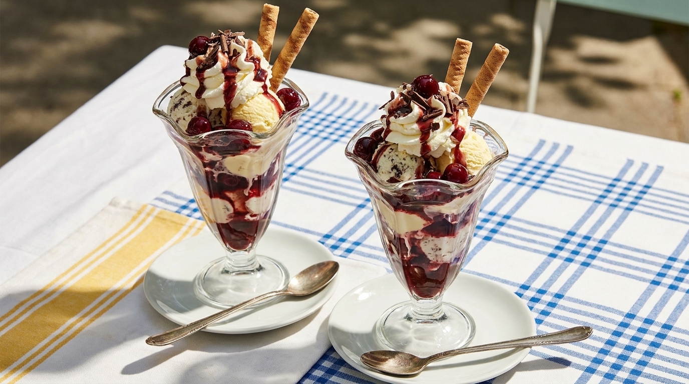 Zwei Eisbecher in hohen Gläsern mit Vanilleeis, Sahne, Schokoladenraspeln, Kirschsoße und je zwei Waffelröllchen, serviert auf kleinen Tellern mit Löffeln.
