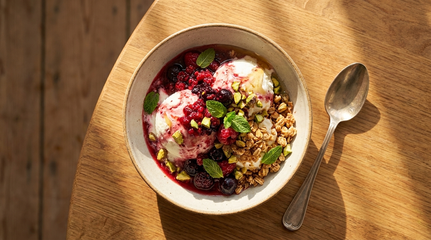Schüssel mit Joghurt (oder Eis), Beerenkompott, Granola, gehackten Pistazien und Minzblättern; Löffel daneben auf Holztisch.