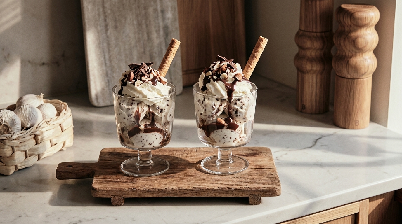Zwei Gläser mit Eisbechern: Vanille- und Schokoeis mit Schlagsahne, Schokoladensoße, Schokoraspeln und zwei langen Waffelröllchen, präsentiert auf einem kleinen Holzbrett.