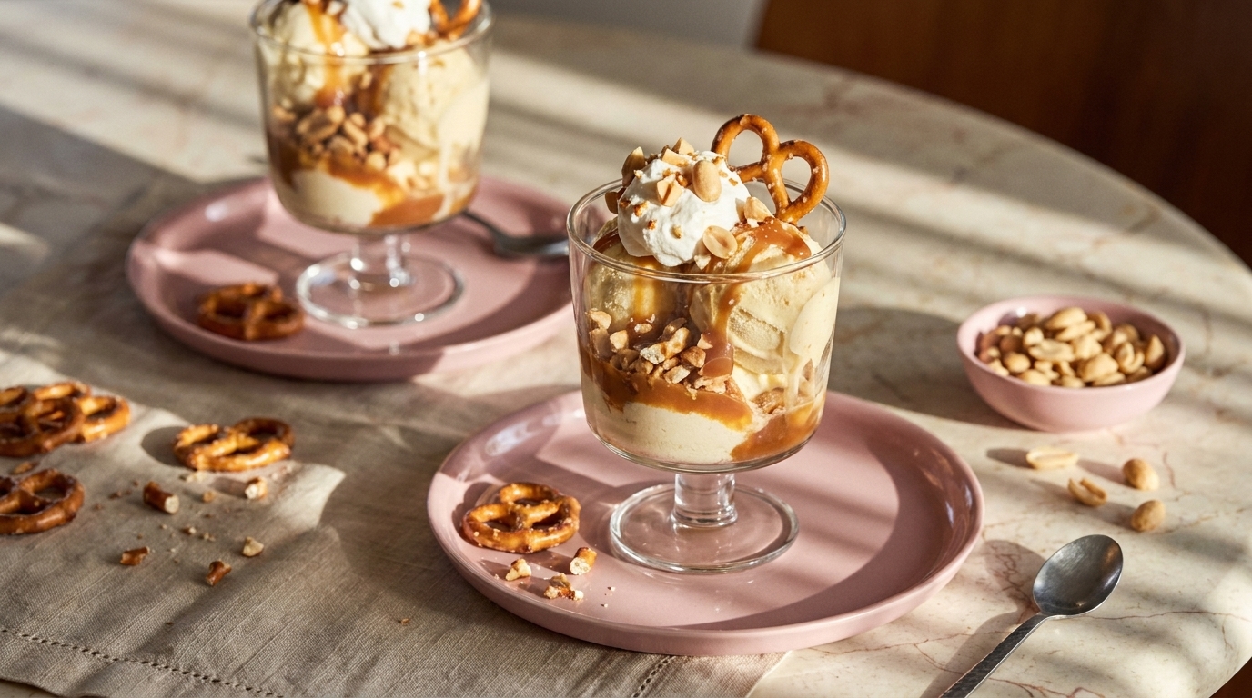 Schichtdessert in Glasbechern mit Karamellsauce, Schlagsahne, salzigen Brezeln und Erdnüssen, serviert auf rosa Tellern.