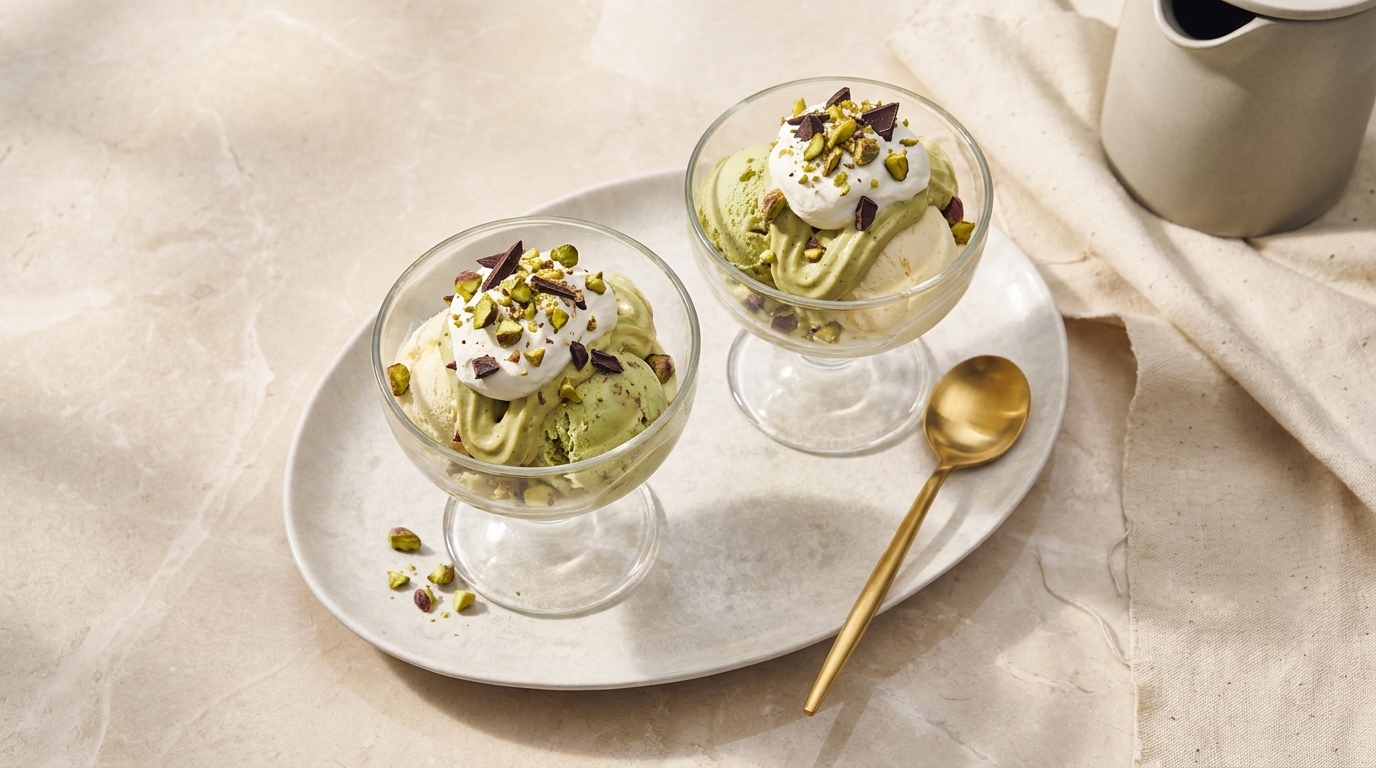 Zwei Glasdessertschalen mit Pistazieneis, jeweils mit Schlagsahne und gehackten Pistazien garniert, auf einer ovalen Platte neben einem goldenen Dessertlöffel.