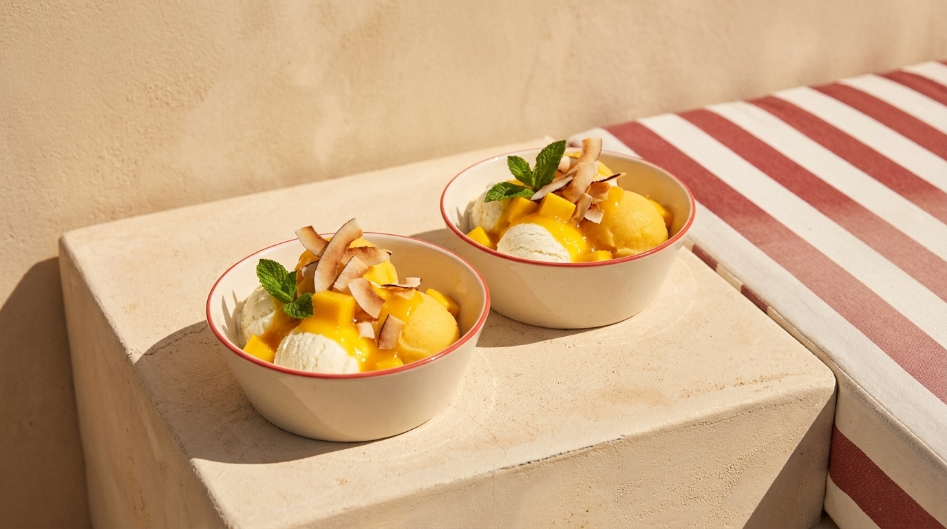 Zwei Schalen mit Mango- und Kokos-Sorbet, jeweils in Kugeln angerichtet und garniert mit gerösteten Kokosflocken und frischen Minzblättern.
