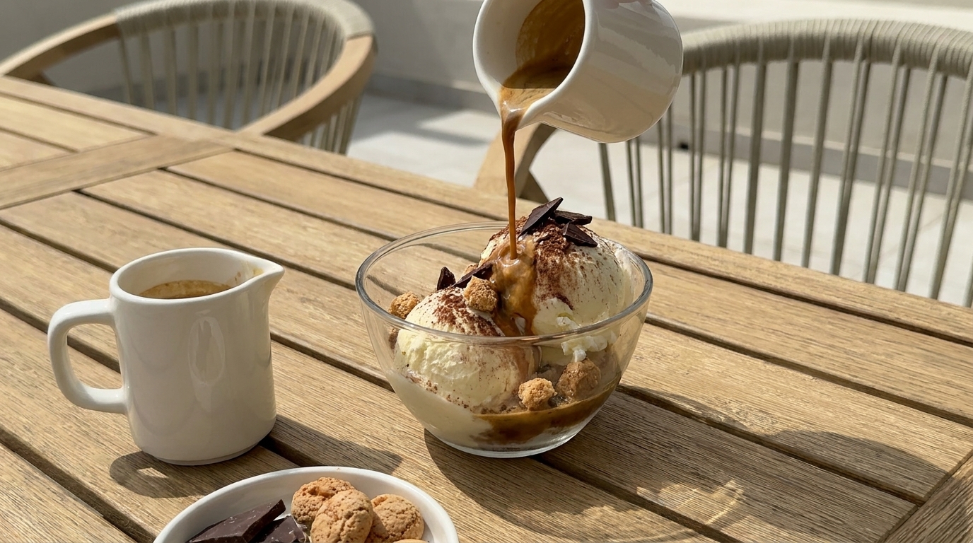 Espresso wird aus einem kleinen Kännchen über eine Glasschale mit Vanilleeiskugeln, Schokoladenraspeln und Keksbröseln gegossen.