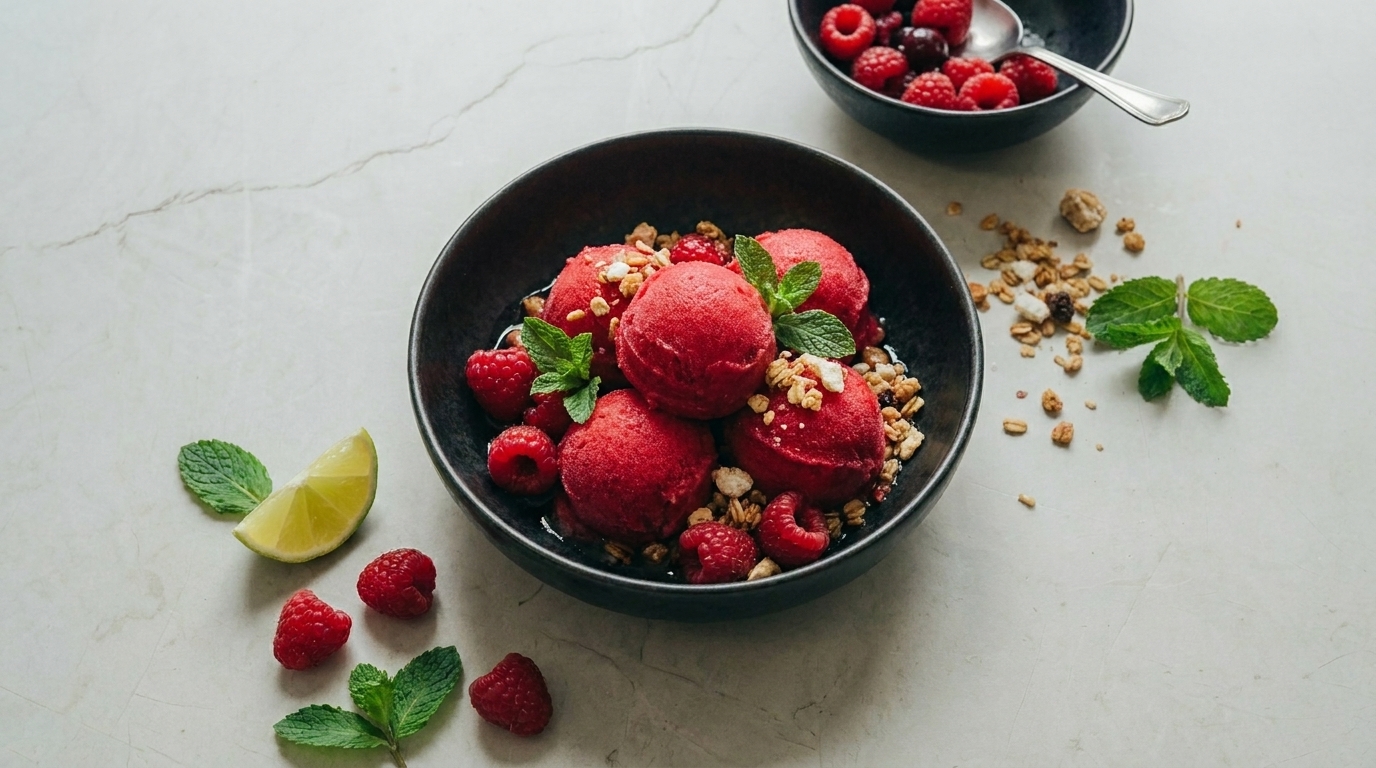Schwarze Schale mit mehreren Kugeln Himbeersorbet, garniert mit frischen Himbeeren, Minzblättern und knusprigem Granola.