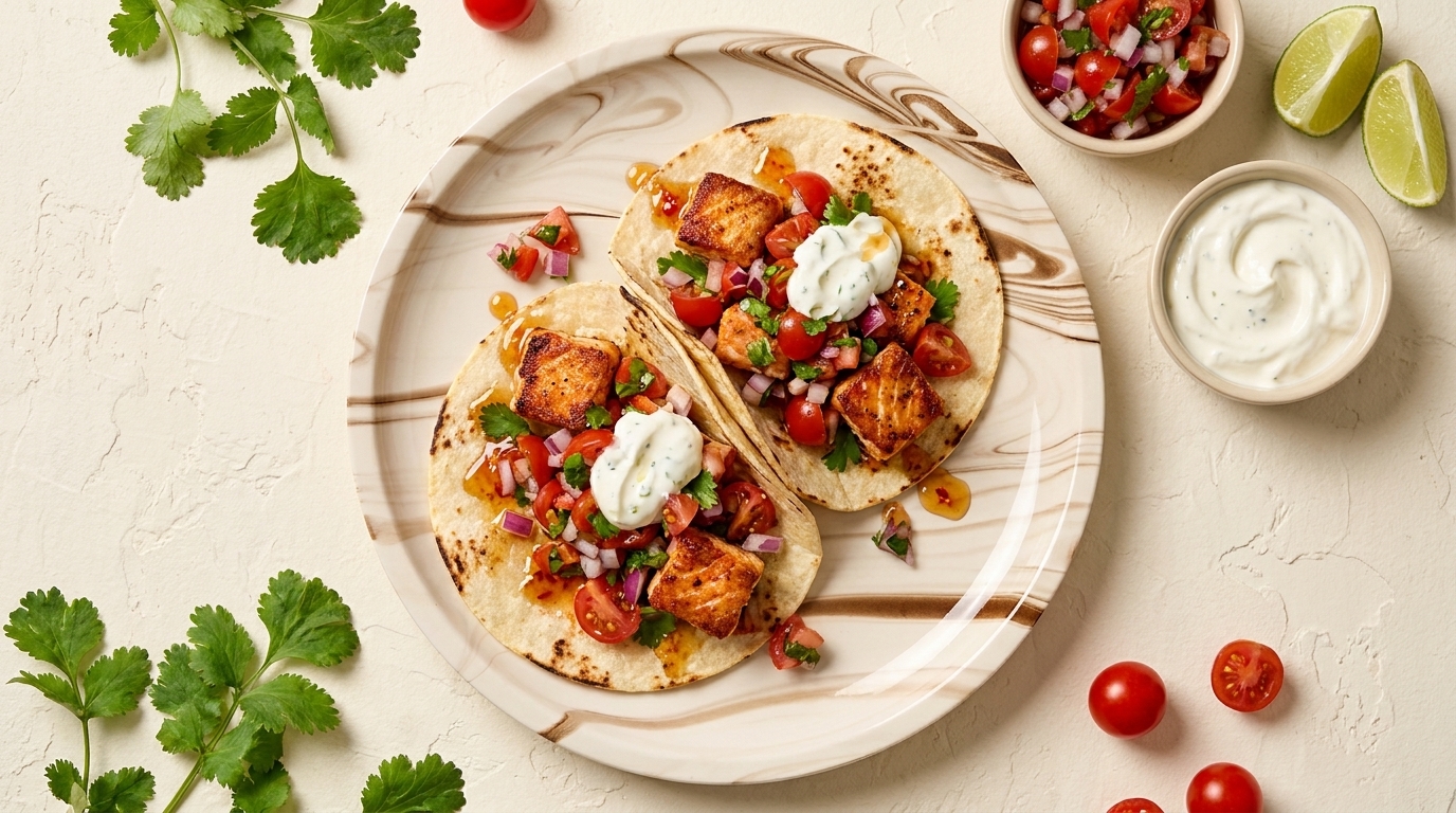 Zwei kleine Tortillas auf einem Teller, gefüllt mit gebratenen Fischstücken, frischer Salsa, Koriander und Joghurtsauce; daneben Limettenspalten und Kirschtomaten.
