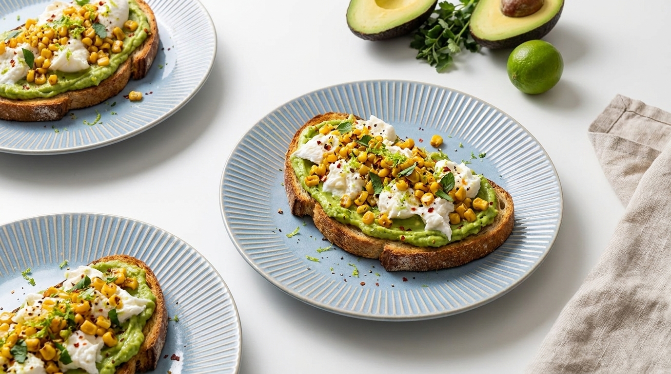 Drei Teller mit Avocado-Toast: geröstetes Brot bestrichen mit zerdrückter Avocado, garniert mit Mais, kleinen Frischkäse-Nocken, gehackten Kräutern und Gewürzen; halbierte Avocado und Limette liegen daneben.