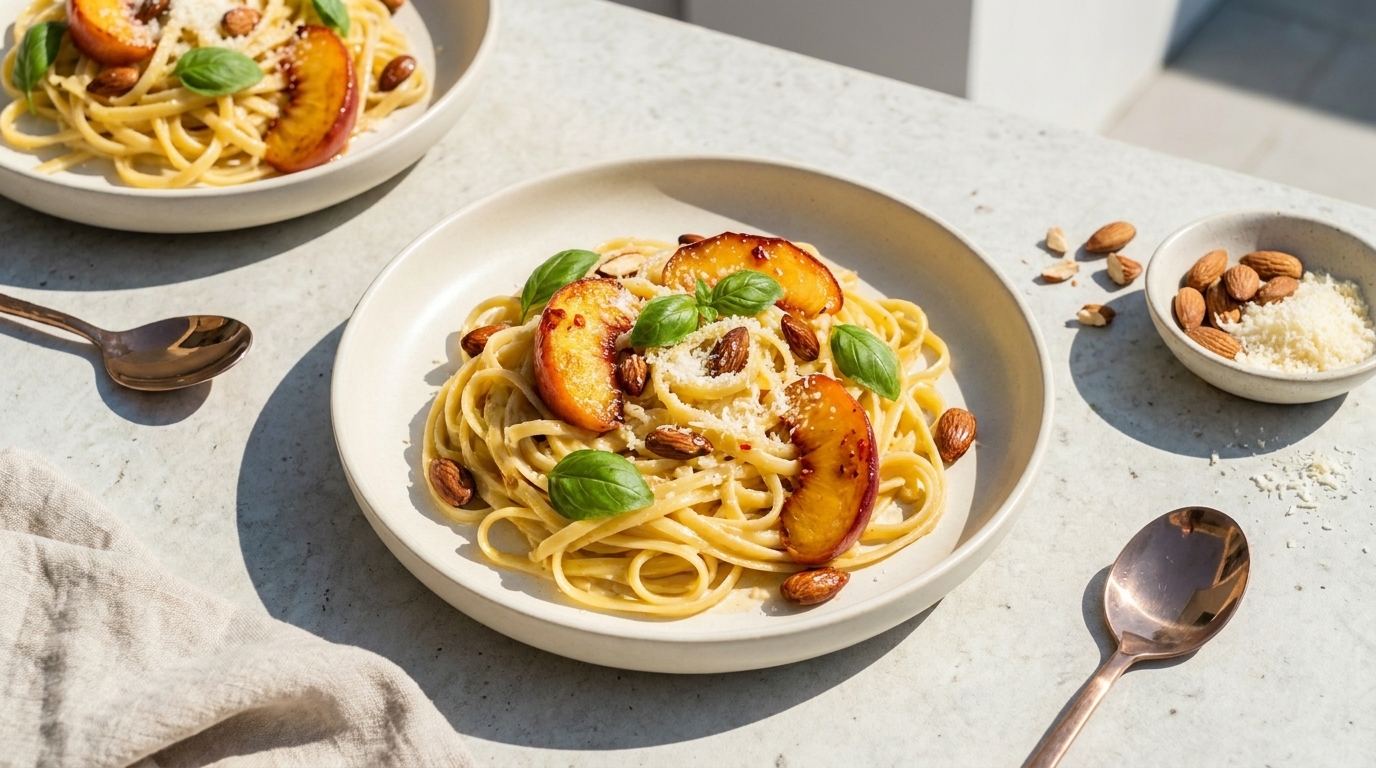 Teller Spaghetti mit gebratenen Pfirsichscheiben, frischen Basilikumblättern, geriebenem Parmesan und ganzen Mandeln.