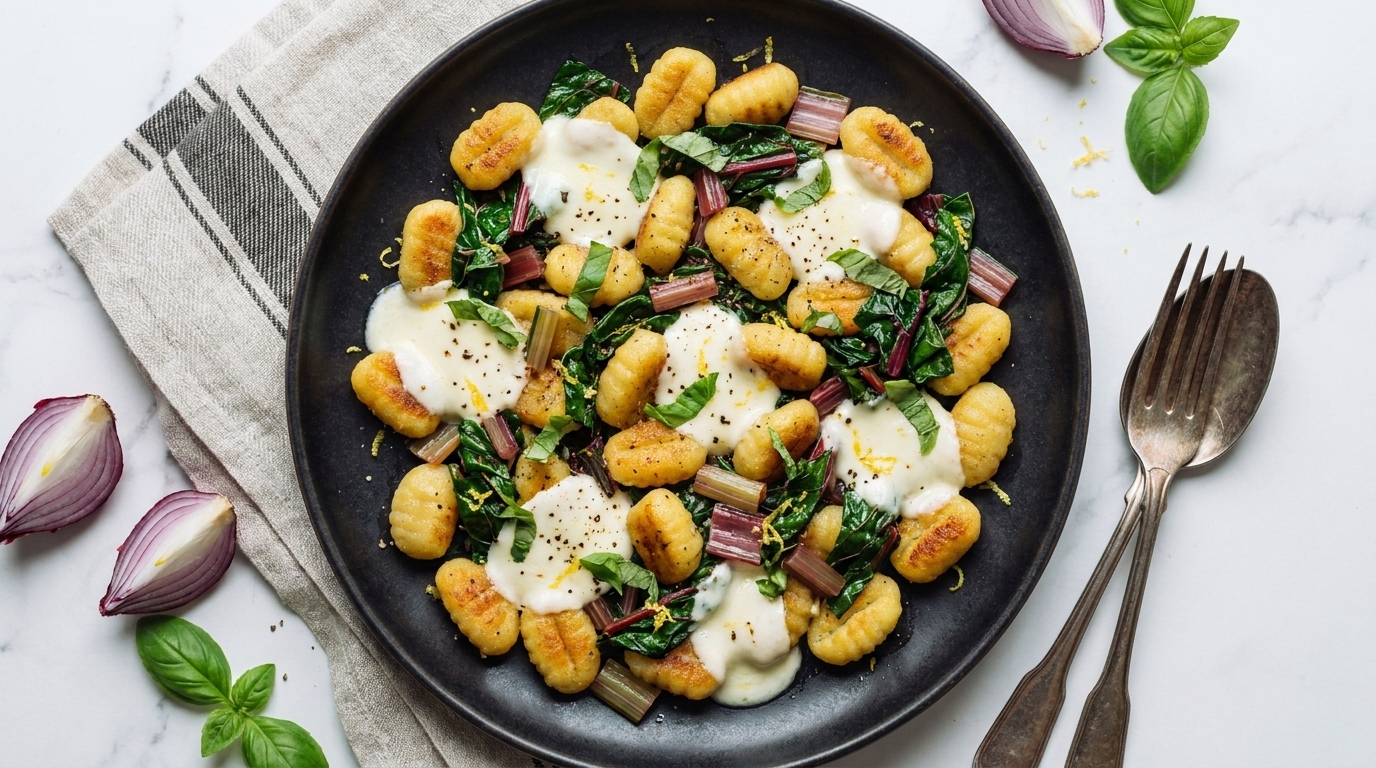 Schwarzer Teller mit goldbraun gebratenen Gnocchi, geschmolzenem Mozzarella, gebratenem buntem Mangold und frischen Kräutern, garniert mit Zitronenzesten und schwarzem Pfeffer.