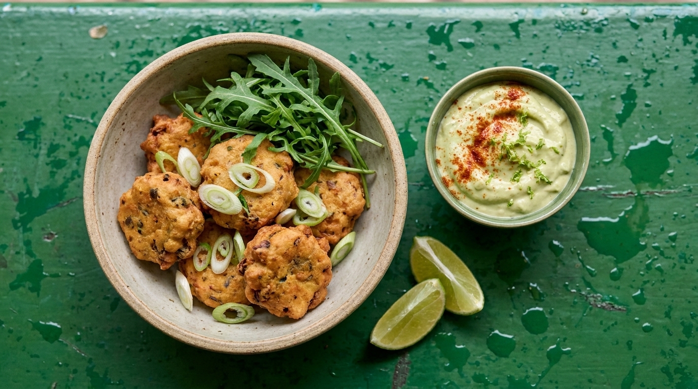 Schüssel mit mehreren kleinen herzhhaften Küchlein, garniert mit Frühlingszwiebeln und Rucola; daneben Schälchen mit grüner Avocado- oder Kräutercreme und zwei Limettenvierteln.