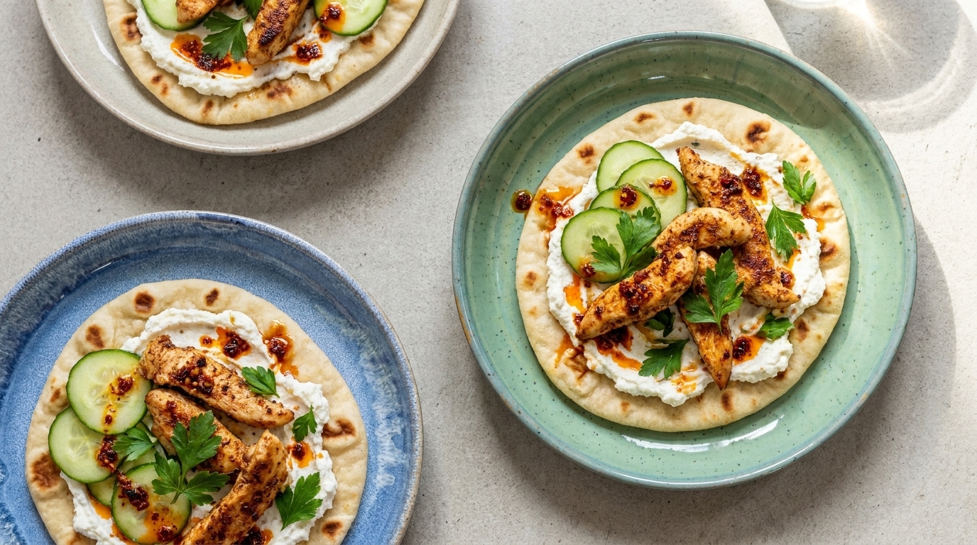 Drei Teller mit Fladenbrot, bestrichen mit cremigem Joghurt, belegt mit gegrillten Hähnchenstreifen, Gurkenscheiben, frischer Petersilie und würzigem Chiliöl.