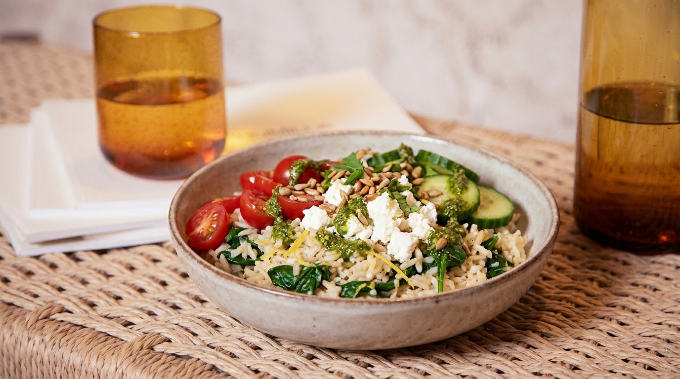 Schüssel mit Getreide-Salat aus Reis, Blattspinat, zerbröseltem Feta, Kirschtomaten, Gurkenscheiben und Sonnenblumenkernen.