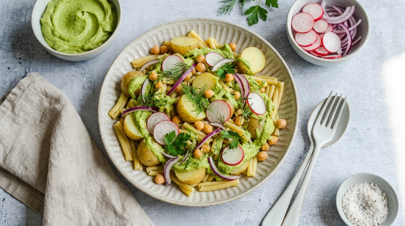Teller mit Penne-Pasta, darauf halbierte Kartoffeln, Kichererbsen, dünne Radieschenscheiben und rote Zwiebeln, mit grüner Kräuter‑Avocado‑Sauce und frischen Kräutern garniert.
