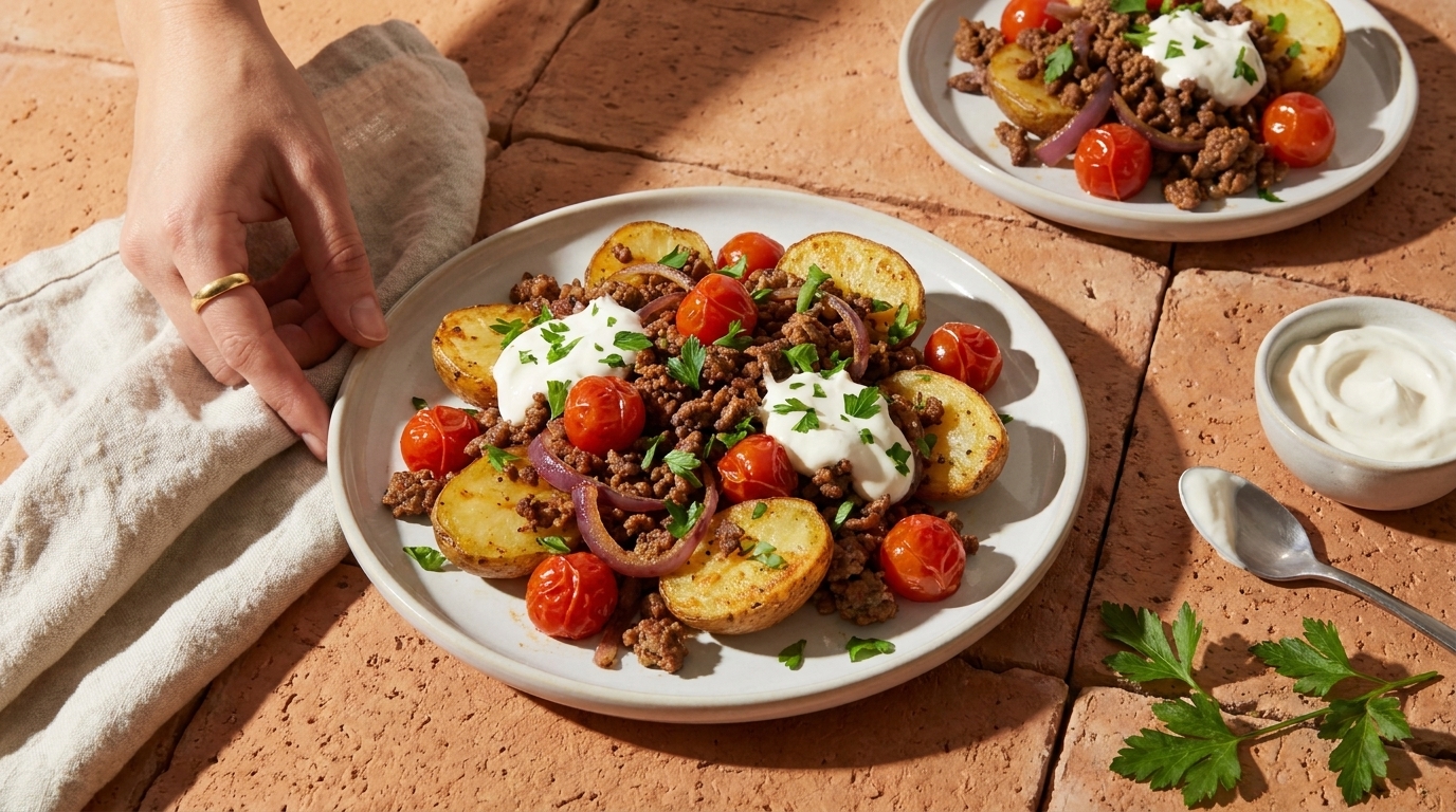 Teller mit gebratenen halben Kartoffeln, Kirschtomaten, angebratenem Hackfleisch, roten Zwiebeln und Klecksen aus Joghurt oder Sauerrahm, garniert mit gehackter Petersilie.