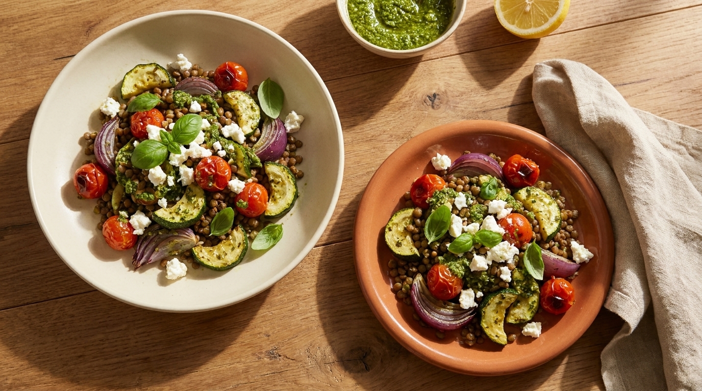 Zwei Schüsseln mit Linsensalat, belegt mit gerösteten Zucchinischeiben, Kirschtomaten, roten Zwiebelringen, zerbröseltem Feta und frischen Basilikumblättern.
