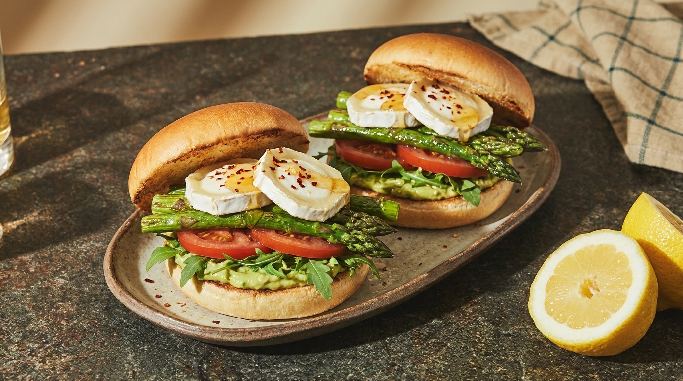 Zwei Brötchen-Burger auf einem Teller, gefüllt mit Rucola, Tomatenscheiben, gebratenem grünem Spargel und je einer Scheibe Ziegenkäse.
