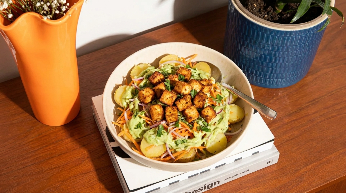Schale mit frischem Salat: gemischte Blattsalate, dünne Kartoffelscheiben, Karottenstreifen und gewürzte, knusprig gebratene Tofuwürfel obenauf.