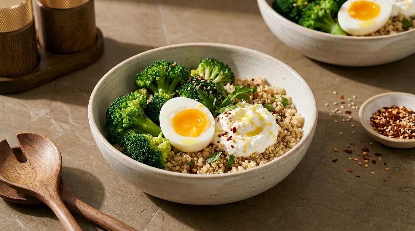 Schüssel mit Quinoa, gedämpftem Brokkoli und halbiertem weichgekochtem Ei mit flüssigem Eigelb, dazu ein Klecks Joghurt/Quark und Garnitur aus Samen und Chiliflocken.