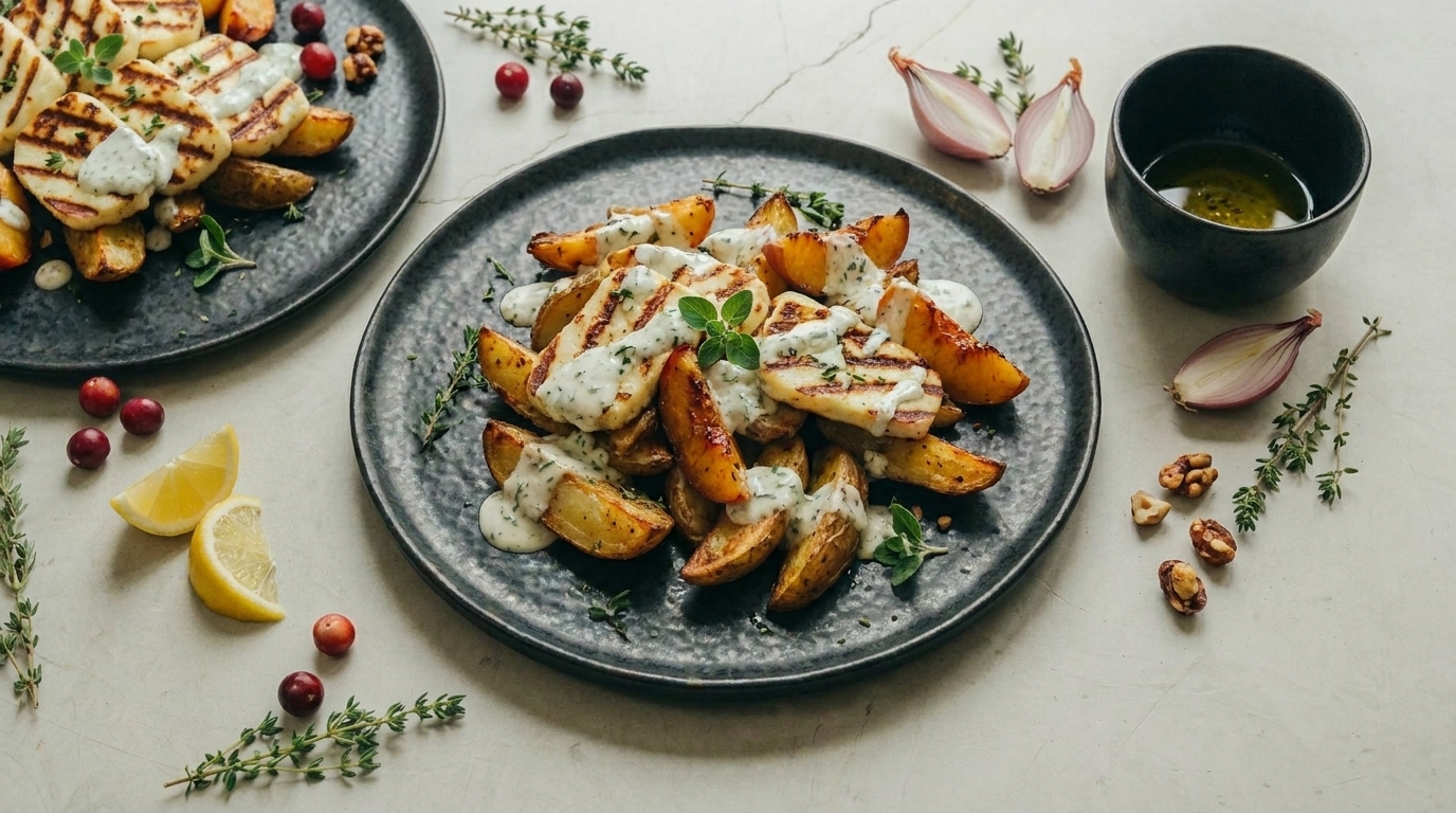 Dunkler Teller mit goldbraunen Kartoffelspalten, beträufelt mit cremiger Kräutersauce und garniert mit frischen Kräutern.