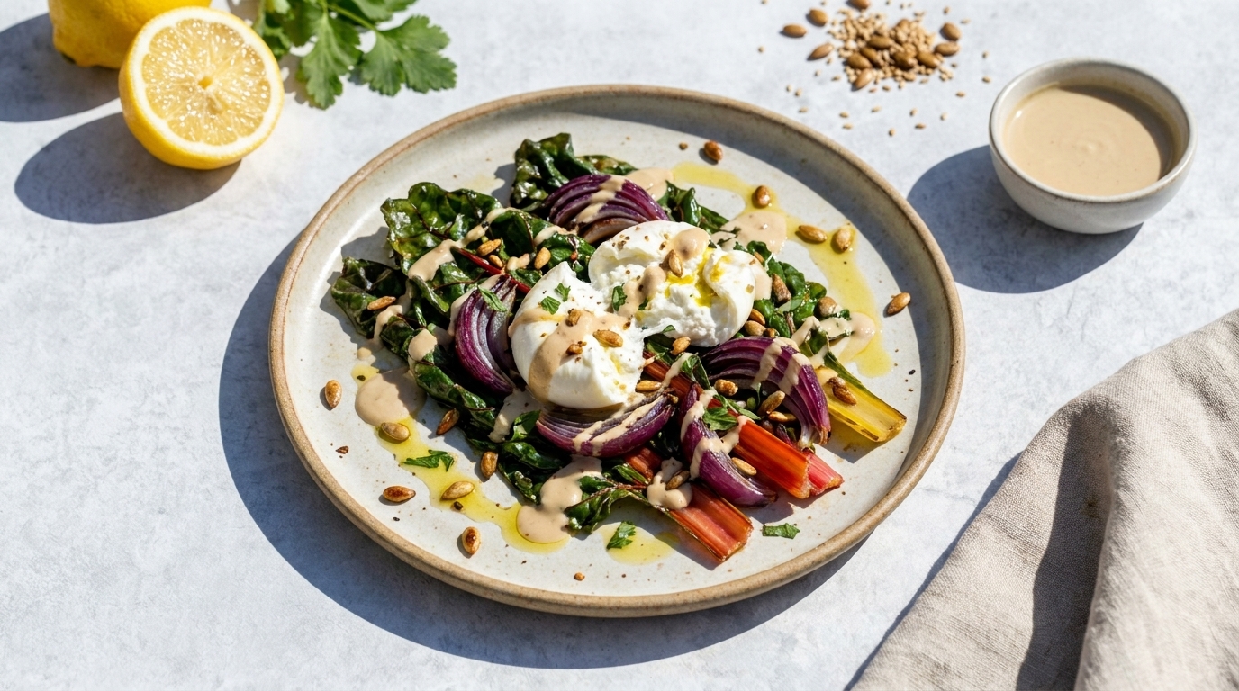 Teller mit cremiger Burrata auf buntem Mangold und Spinat, roten Zwiebelringen, gerösteten Kernen und leichtem, cremigem Dressing.