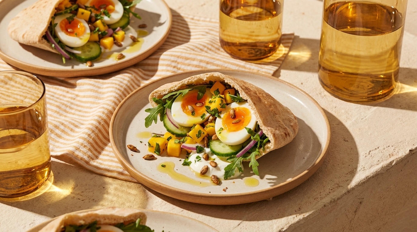 Pita-Tasche auf Teller, gefüllt mit Rucola, Gurkenscheiben, halbierten weich gekochten Eiern, kleinen gelben Würfeln (Mango oder Paprika) und Kräutern, leicht mit Öl beträufelt.