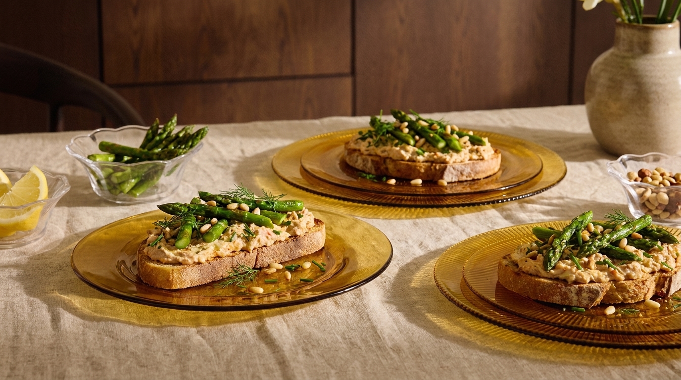 Drei offene Sandwiches auf Tellern: dicke Brotscheiben mit cremigem Aufstrich, grünen Spargelspitzen und Pinienkernen, angerichtet auf einem Leinentisch.