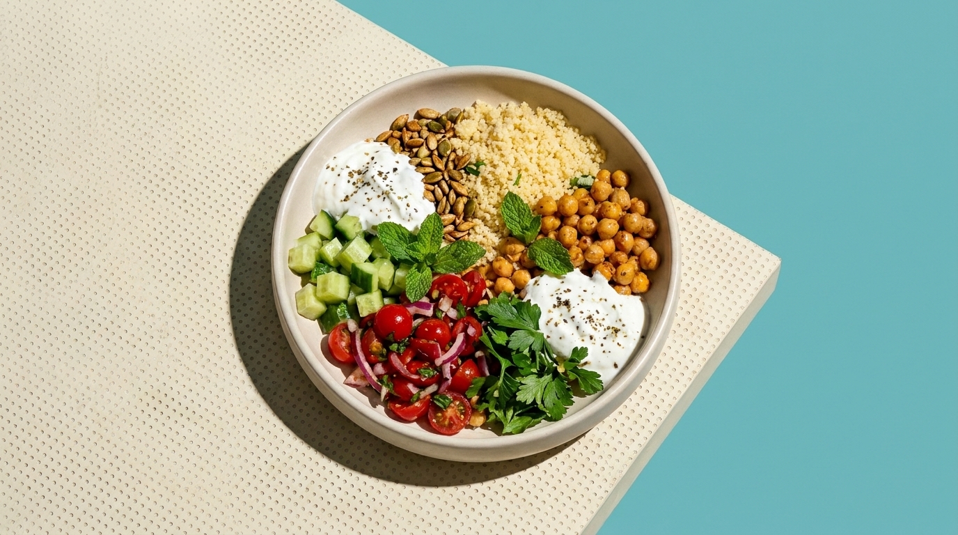 Schüssel mit Buddha-Bowl: Couscous, gerösteten Kichererbsen, zwei Klecksen Joghurt, Gurkenwürfeln, Kirschtomaten, frischen Kräutern (Petersilie, Minze) und Kürbiskernen.