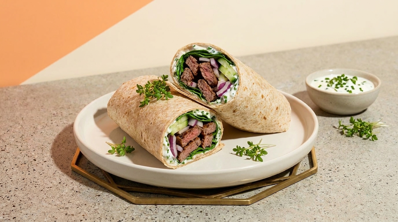 Zwei halbierte Wraps auf einem Teller, gefüllt mit gegrilltem Rindfleisch, Salat, Gurke, roten Zwiebeln und Kräutern; daneben ein Schälchen mit Dip.