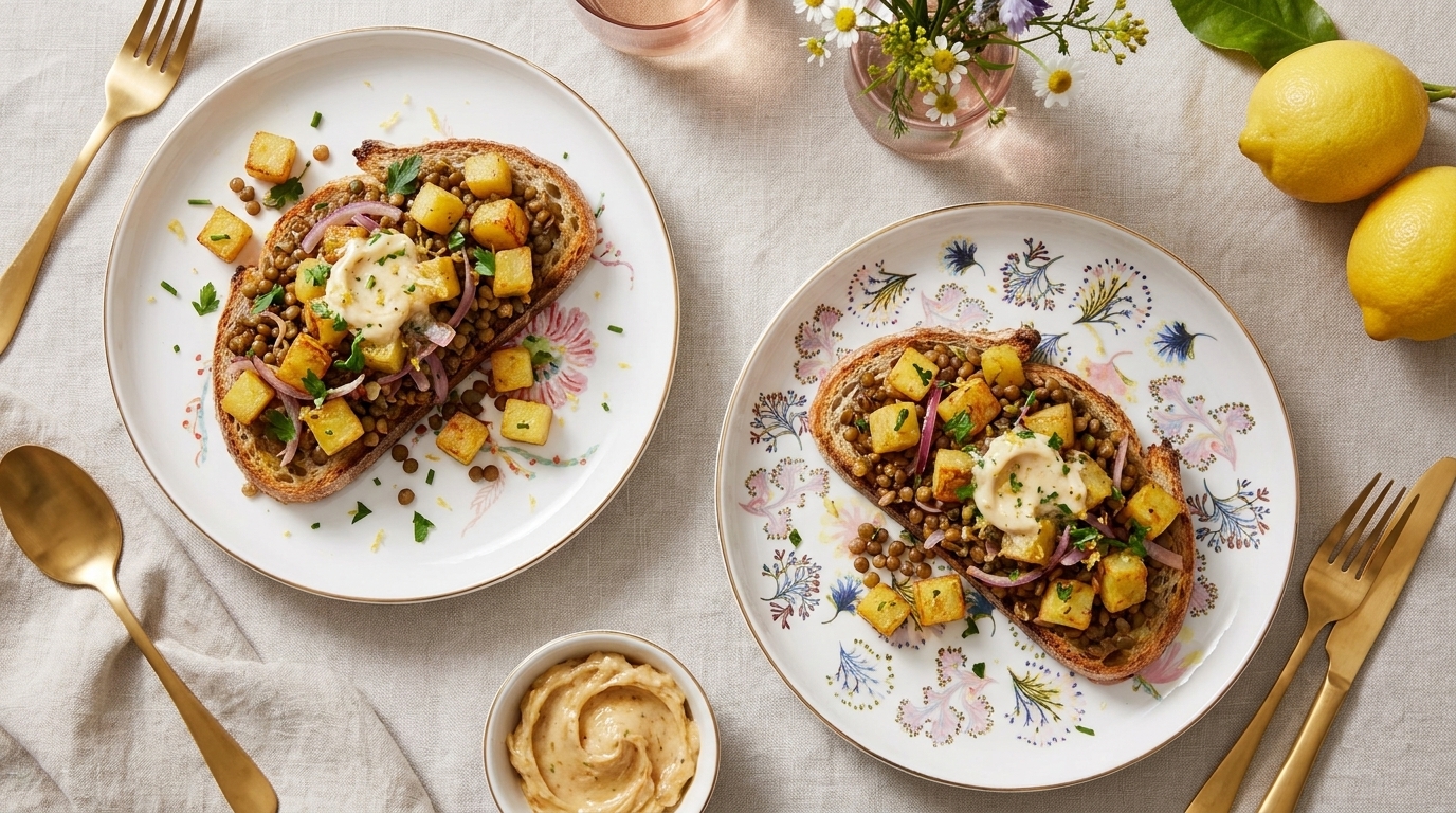 Zwei Teller mit geröstetem Brot belegt mit Linsengemüse, gewürfelten Kartoffeln, roten Zwiebeln und einem Klecks cremiger Sauce, garniert mit Kräutern.